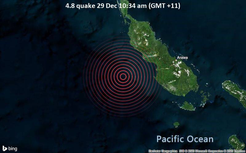 A magnitude 4.8 earthquake strikes 110 kilometers southwest of Arawa, Papua New Guinea in the morning / VolcanoDiscovery