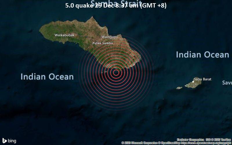 Moderates Erdbeben der Stärke 5.0 - Indischer Ozean, 76 km südlich von Waingapu, East Nusa Tenggara, Indonesien, am Dienstag, 29. Dez 2020 um 08:37 Lokalzeit