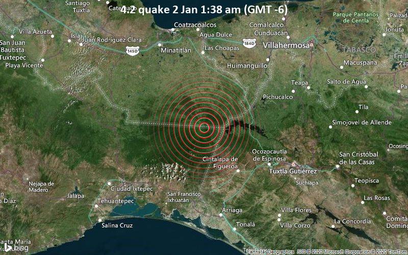 Erdbeben der Stärke 4.2 - 4.1 km südlich von Nuevo Cordoba, Uxpanapa, Veracruz, Mexiko, am Samstag,  2. Jan 2021 um 01:38 Lokalzeit