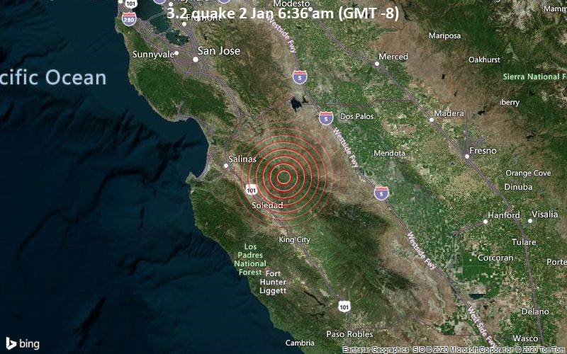 Erdbeben der Stärke 3.2 - San Benito County, 23 km nordöstlich von Soledad, Monterey County, Kalifornien, USA, am Samstag,  2. Jan 2021 um 06:36 Lokalzeit