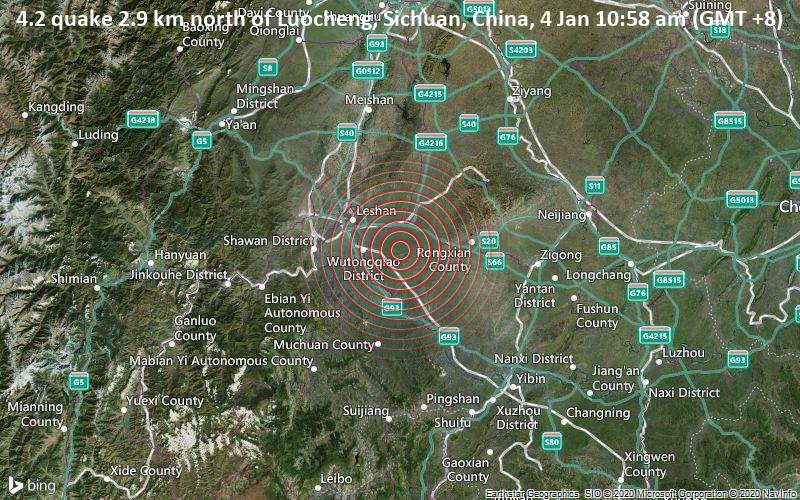 4.2 quake 2.9 km north of Luocheng, Sichuan, China, 4 Jan 10:58 am (GMT +8)