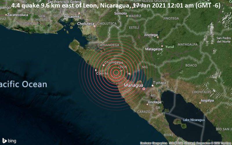4.4 quake 9.6 km east of Leon, Nicaragua, 17 Jan 2021 12:01 am (GMT -6)