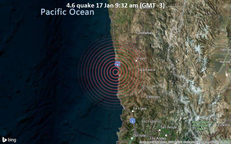 Erdbeben der Stärke 4.6 - South Pacific Ocean, 42 km südwestlich von Illapel, Provincia de Choapa, Coquimbo Region, Chile, am Sonntag, 17. Jan 2021 um 09:32 Lokalzeit