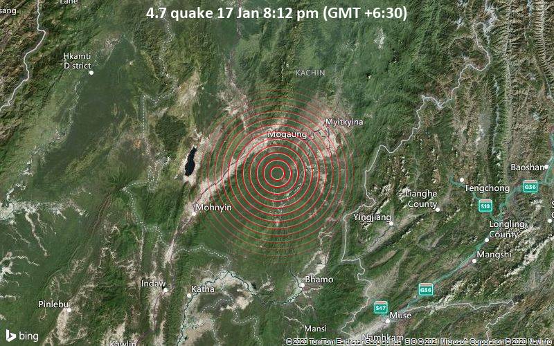 Erdbeben der Stärke 4.7 - 51 km südwestlich von Myitkyina, Myitkyinā District, Kachin State, Myanmar, am Sonntag, 17. Jan 2021 um 20:12 Lokalzeit