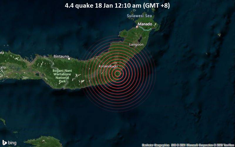 Erdbeben der Stärke 4.4 - 87 km südwestlich von Tomohon, Sulawesi Utara, Indonesien, am Montag, 18. Jan 2021 um 00:10 Lokalzeit