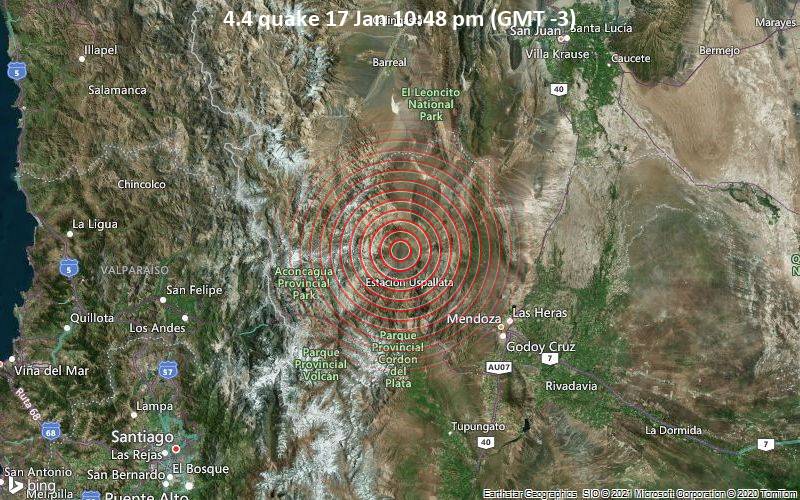 Erdbeben der Stärke 4.4 - Departamento de Las Heras, 69 km nordwestlich von Mendoza, Departamento de Guaymallén, Mendoza, Argentinien, am Sonntag, 17. Jan 2021 um 22:48 Lokalzeit