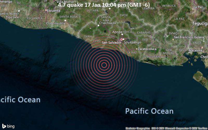 Erdbeben der Stärke 4.7 - Nordpazifik, 64 km südwestlich von Santa Tecla, El Salvador, am Sonntag, 17. Jan 2021 um 22:04 Lokalzeit