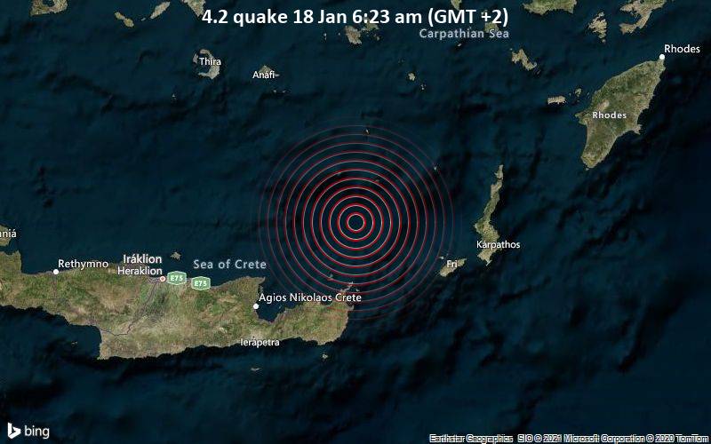 Erdbeben der Stärke 4.2 - Ägäisches Meer, 50 km nordöstlich von Sitia, Lasithi, Kreta, Griechenland, am Montag, 18. Jan 2021 um 06:23 Lokalzeit