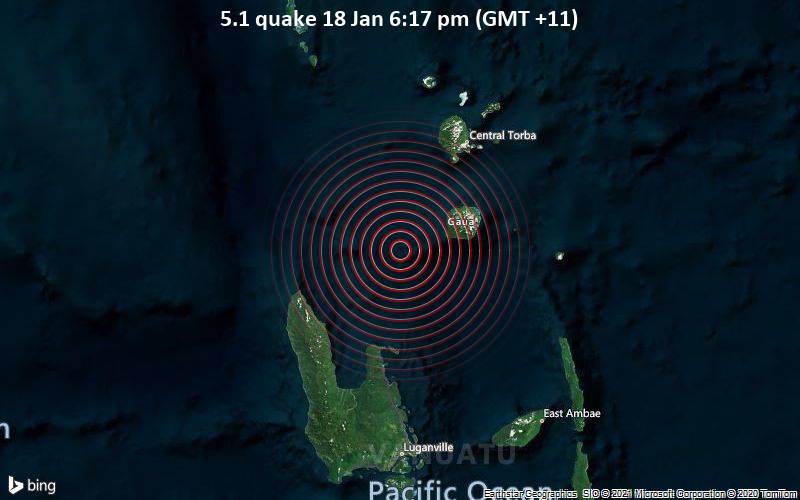 Moderates Erdbeben der Stärke 5.1 - Korallen Meer, 69 km nördlich von Port-Olry, Sanma Province, Vanuatu, am Montag, 18. Jan 2021 um 18:17 Lokalzeit