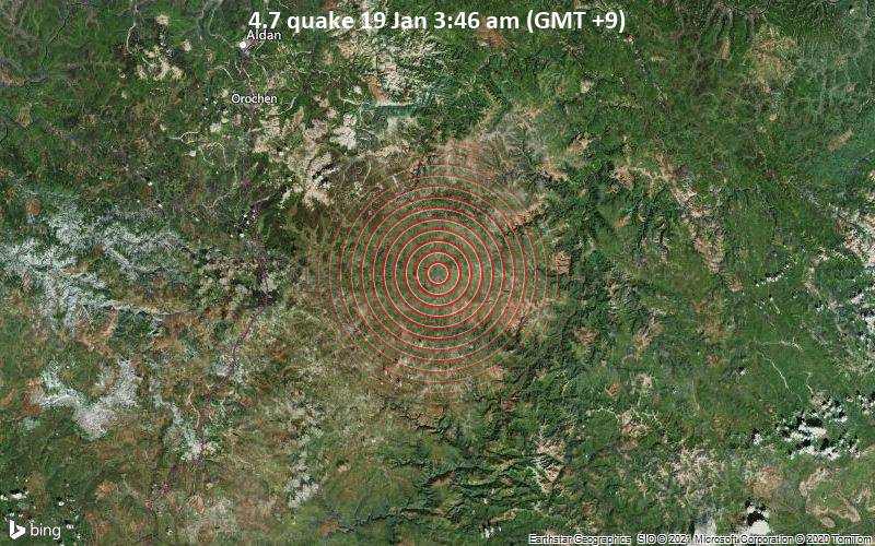 Erdbeben der Stärke 4.7 - 88 km südöstlich von Aldan, Jakutien, Russland, am Dienstag, 19. Jan 2021 um 03:46 Lokalzeit