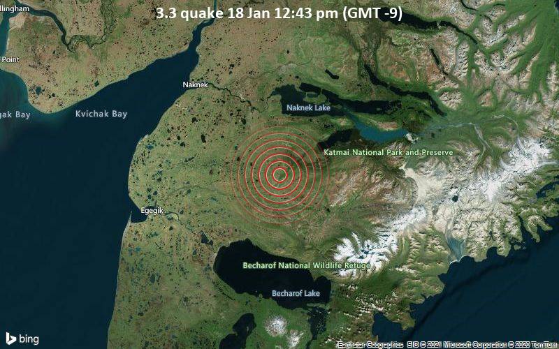 Erdbeben der Stärke 3.3 - Lake and Peninsula County, 41 km südöstlich von King Salmon, Bristol Bay County, Alaska, USA, am Montag, 18. Jan 2021 um 12:43 Lokalzeit