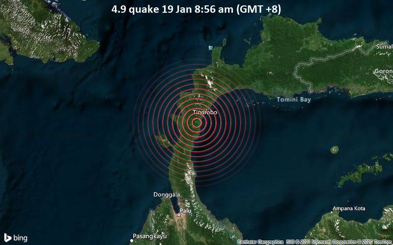 Erdbeben der Stärke 4.9 - 119 km nördlich von Palu, Sulawesi Tengah, Indonesien, am Dienstag, 19. Jan 2021 um 08:56 Lokalzeit