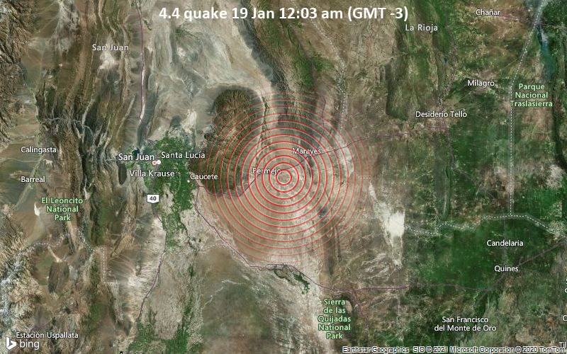 Erdbeben der Stärke 4.4 - 70 km östlich von Caucete, San Juan, Argentinien, am Dienstag, 19. Jan 2021 um 00:03 Lokalzeit