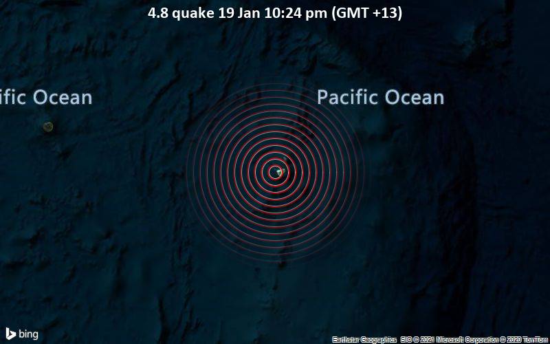 Erdbeben der Stärke 4.8 - South Pacific Ocean, 3.4 km westlich von Hihifo, Niuas, Tonga, am Dienstag, 19. Jan 2021 um 22:24 Lokalzeit