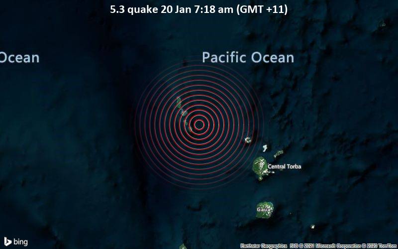 Moderates Erdbeben der Stärke 5.3 - Korallen Meer, 60 km westlich von Ureparapara , Torba, Vanuatu, am Mittwoch, 20. Jan 2021 um 07:18 Lokalzeit