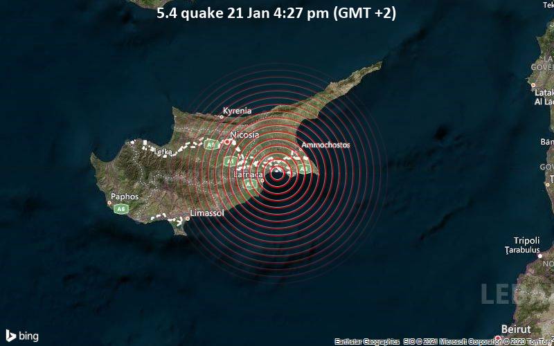 Significant Magnitude 5.4 Earthquake 13 km Northeast of Larnaca, Cyprus