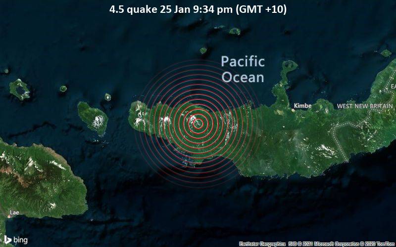Erdbeben der Stärke 4.5 - 118 km westlich von Kimbe, Papua-Neuguinea, am Montag, 25. Jan 2021 um 21:34 Lokalzeit