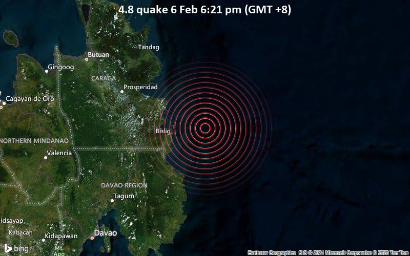 Quake Info Light Mag 4 8 Earthquake Philippines Sea 53 Km East Of Bislig City Philippines On Saturday 6 Feb 2021 6 21 Pm Gmt 8 1 User Experience Report Volcanodiscovery