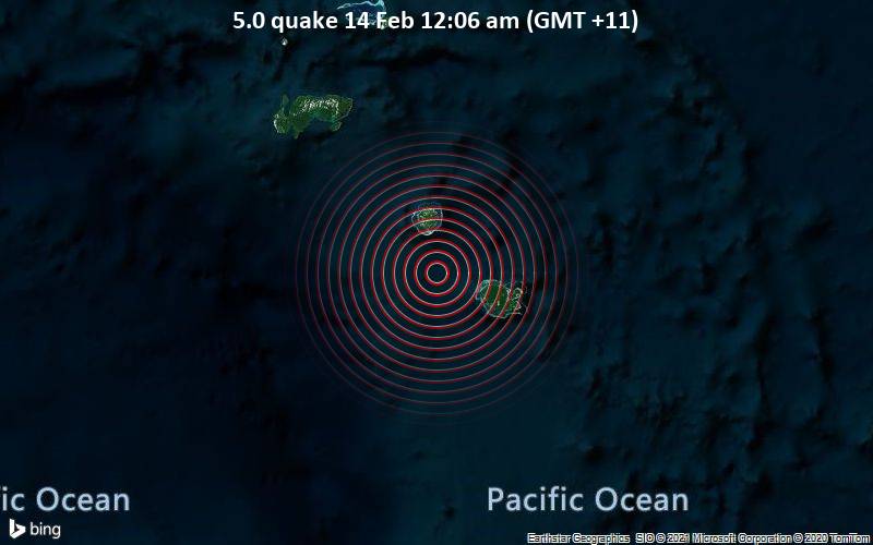 Moderates Erdbeben der Stärke 5.0 - Korallen Meer, 123 km südöstlich von Lata, Salomonen, am Sonntag, 14. Feb 2021 um 00:06 Lokalzeit