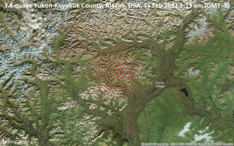 3.8 quake Yukon-Koyukuk County, Alaska, USA, 15 Feb 2021 1:13 am (GMT -9)