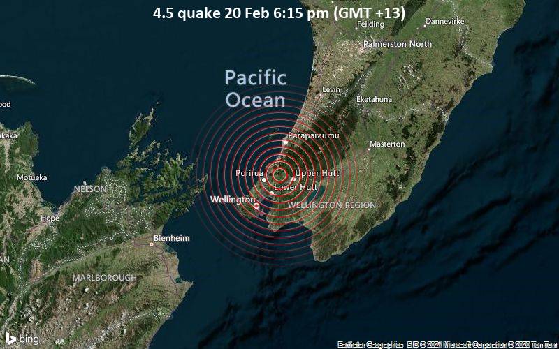 Moderates Erdbeben der Stärke 4.5 - Porirua City, 26 km nordöstlich von Wellington, Neuseeland, am Samstag, 20. Feb 2021 um 18:15 Lokalzeit