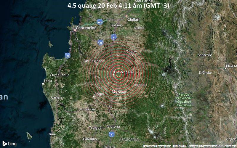 Leichtes Erdbeben der Stärke 4.5 - 8.3 km östlich von Los Angeles, Provincia de Biobio, Region del Biobio, Chile, am Samstag, 20. Feb 2021 um 04:11 Lokalzeit