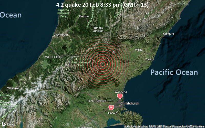 Moderates Erdbeben der Stärke 4.2 - Hurunui District, 78 km nordwestlich von Christchurch, Canterbury, Neuseeland, am Samstag, 20. Feb 2021 um 20:33 Lokalzeit