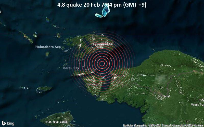 Moderates Erdbeben der Stärke 4.8 - Halmahera Sea, 34 km nordwestlich von Sorong, West Papua, Indonesien, am Samstag, 20. Feb 2021 um 19:04 Lokalzeit