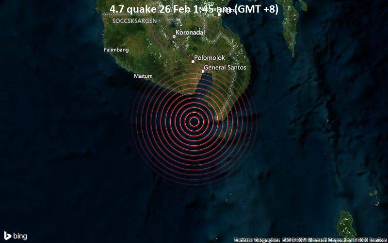 Quake Info Moderate Mag 4 7 Earthquake Mindanao Sea 64 Km South Of General Santos Philippines On Friday 26 Feb 2021 1 45 Am Gmt 8 1 User Experience Report Volcanodiscovery