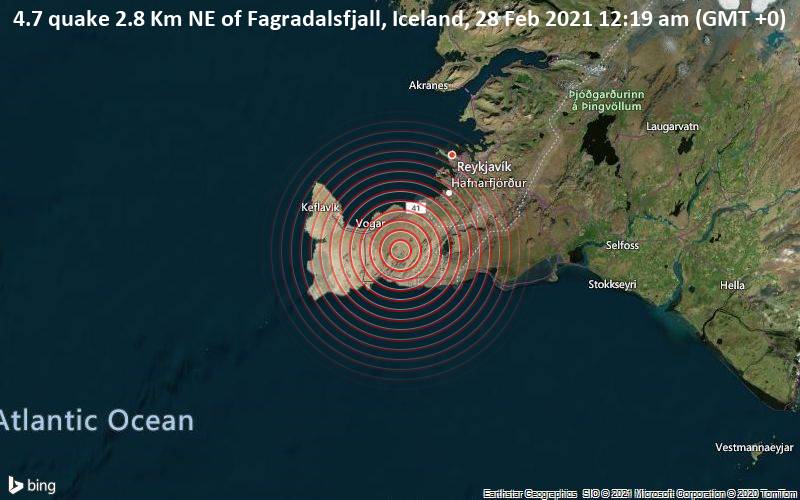 An earthquake of average magnitude 4.7 on the Richter scale is reported 29 km southwest of Reykjavik, Iceland / VolcanoDiscovery