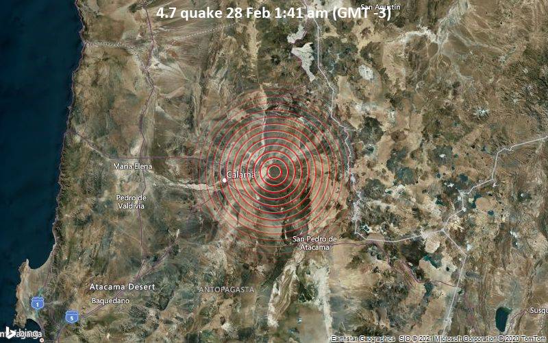 Un terremoto de magnitud moderada 4.7 a 41 km al noreste de Calama, Chile / Volcano Discovery.