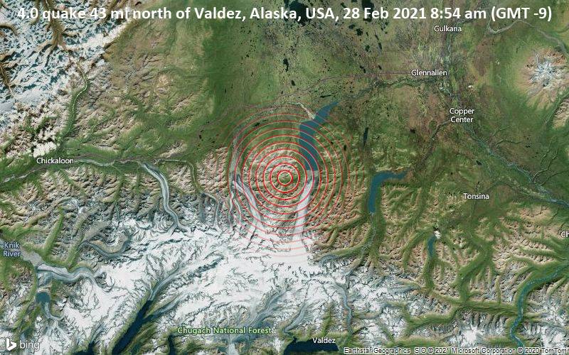 4.0 quake 43 mi north of Valdez, Alaska, USA, 28 Feb 2021 8:54 am (GMT -9)