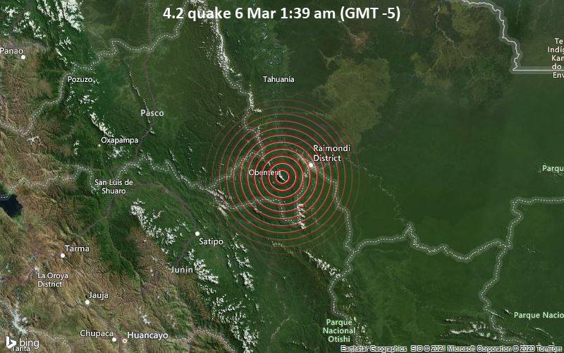 Leichtes Erdbeben der Stärke 4.2 - Atalaya, Ucayali, 87 km nordöstlich von Satipo, Junin, Peru, am Samstag,  6. Mär 2021 um 01:39 Lokalzeit