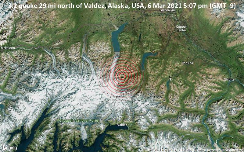 3.2 quake 29 mi north of Valdez, Alaska, USA, 6 Mar 2021 5:07 pm (GMT -9)