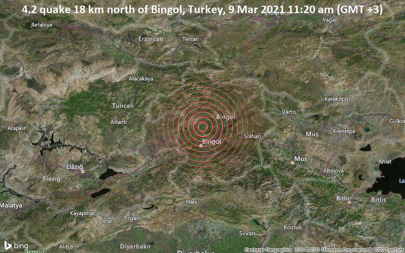 4.2 quake 18 km north of Bingol, Turkey, 9 Mar 2021 11:20 am (GMT +3)