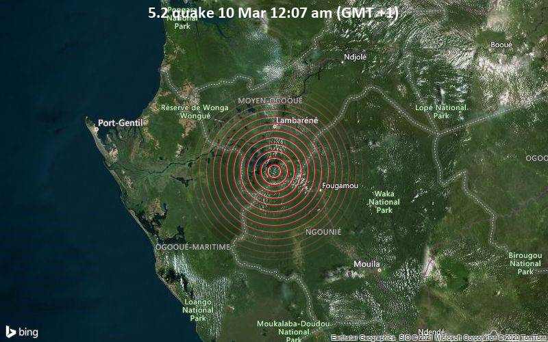 Starkes Magnitude 5.2 Erdbeben - 40 km südlich von Lambaréné, Moyen-Ogooué, Gabun, am Mittwoch, 10. Mär 2021 um 00:07 Lokalzeit