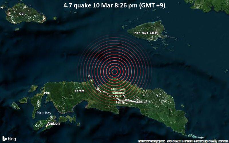 Moderates Erdbeben der Stärke 4.7 - Ceram Sea, 99 km nordöstlich von Amahai, Maluku, Indonesien, am Mittwoch, 10. Mär 2021 um 20:26 Lokalzeit
