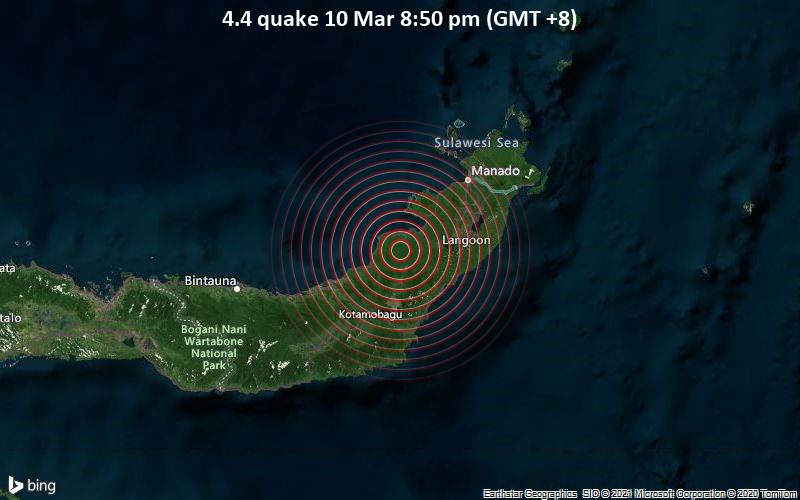 Moderates Erdbeben der Stärke 4.4 - 61 km südwestlich von Manado, Sulawesi Utara, Indonesien, am Mittwoch, 10. Mär 2021 um 20:50 Lokalzeit