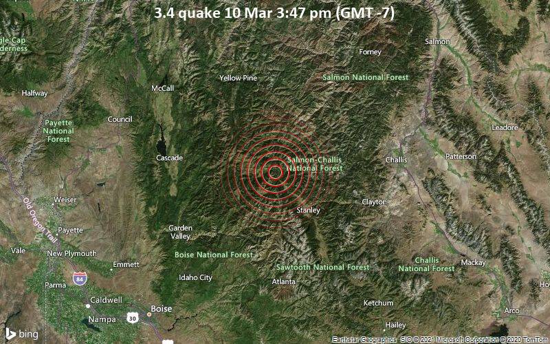 Leichtes Erdbeben der Stärke 3.4 - Custer County, 122 km nordöstlich von Boise, Ada County, Idaho, USA, am Mittwoch, 10. Mär 2021 um 15:47 Lokalzeit