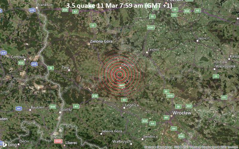 Leichtes Erdbeben der Stärke 3.5 - 8.2 km südlich von Głogow, Woiwodschaft Niederschlesien, Polen, am Donnerstag, 11. Mär 2021 um 07:59 Lokalzeit