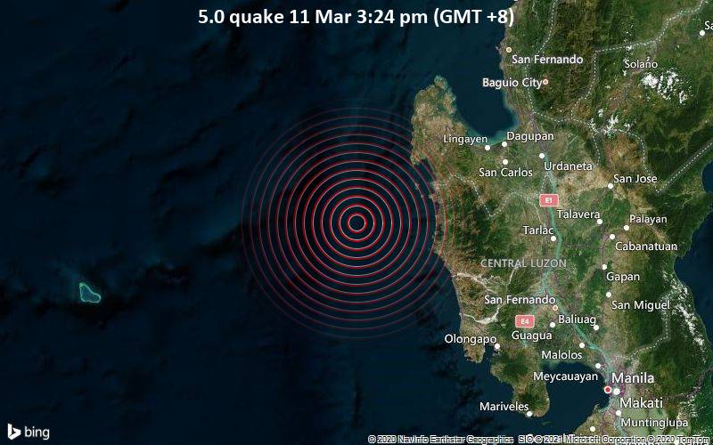 Starkes Magnitude 5.0 Erdbeben - South China Sea, 57 km westlich von Masinloc, Philippinen, am Donnerstag, 11. Mär 2021 um 15:24 Lokalzeit