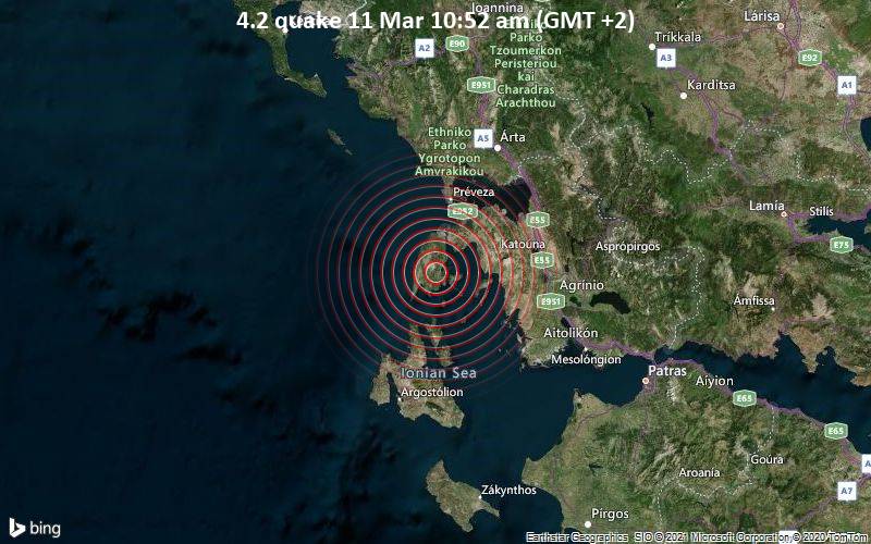 Moderates Erdbeben der Stärke 4.2 - Lefkada, Ionische Inseln, 32 km südlich von Preveza, Epirus, Griechenland, am Donnerstag, 11. Mär 2021 um 10:52 Lokalzeit