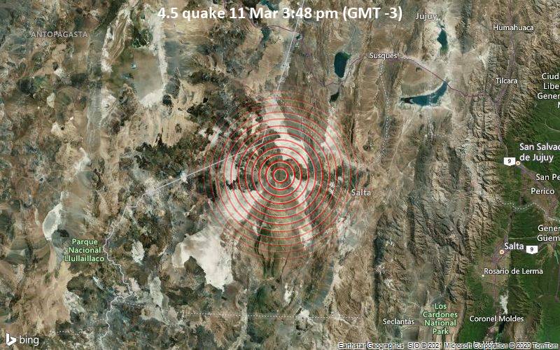 Leichtes Erdbeben der Stärke 4.5 - Departamento de Los Andes, 188 km westlich von Salta, Departamento Capital, Salta, Argentinien, am Donnerstag, 11. Mär 2021 um 15:48 Lokalzeit