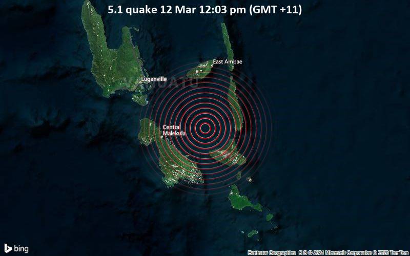 Moderates Erdbeben der Stärke 5.1 - Korallen Meer, 43 km südwestlich von Pentecost , Penama Province, Vanuatu, am Freitag, 12. Mär 2021 um 12:03 Lokalzeit