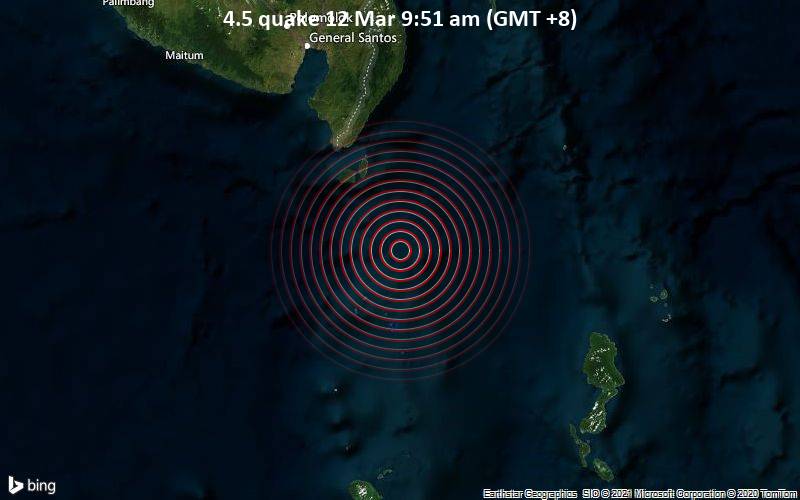 Leichtes Erdbeben der Stärke 4.5 - Philippines Sea, 51 km südöstlich von Sarangani, Davao Occidental, Philippinen, am Freitag, 12. Mär 2021 um 09:51 Lokalzeit