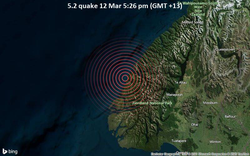 Starkes Magnitude 5.2 Erdbeben - Tasman Sea, 170 km nordwestlich von Invercargill, Southland, Neuseeland, am Freitag, 12. Mär 2021 um 17:26 Lokalzeit