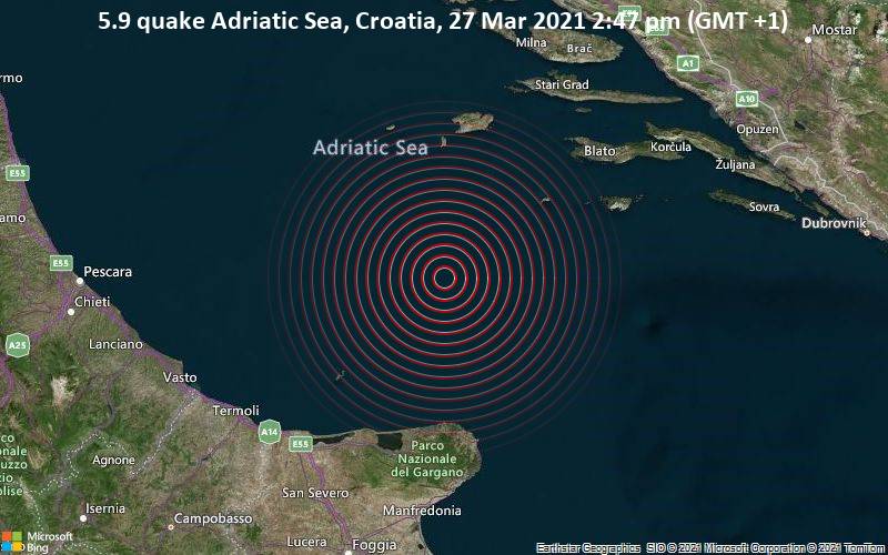 5.9 Gempa Laut Adriatik, Kroasia, 27 Maret 2021 14:47 (GMT +1)