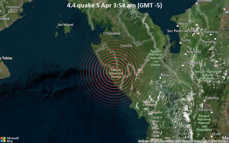 Moderates Erdbeben der Stärke 4.4 - 19 km östlich von Jaqué, Provincia del Darién, Panama, am Montag,  5. Apr 2021 um 03:58 Lokalzeit