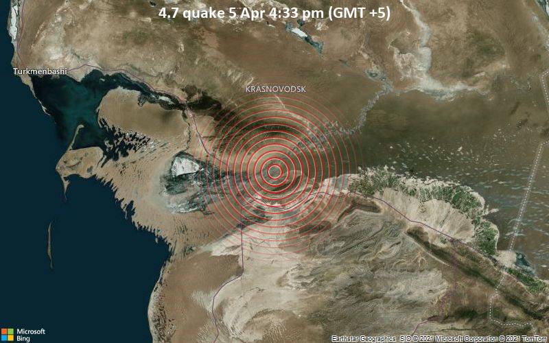 Moderates Erdbeben der Stärke 4.7 - 43 km östlich von Balkanabat, Balkan welaýaty, Turkmenistan, am Montag,  5. Apr 2021 um 16:33 Lokalzeit