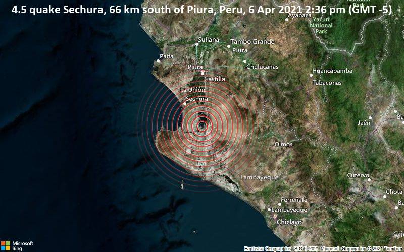 4.5 quake Sechura, 66 km south of Piura, Peru, 6 Apr 2021 2:36 pm (GMT -5)